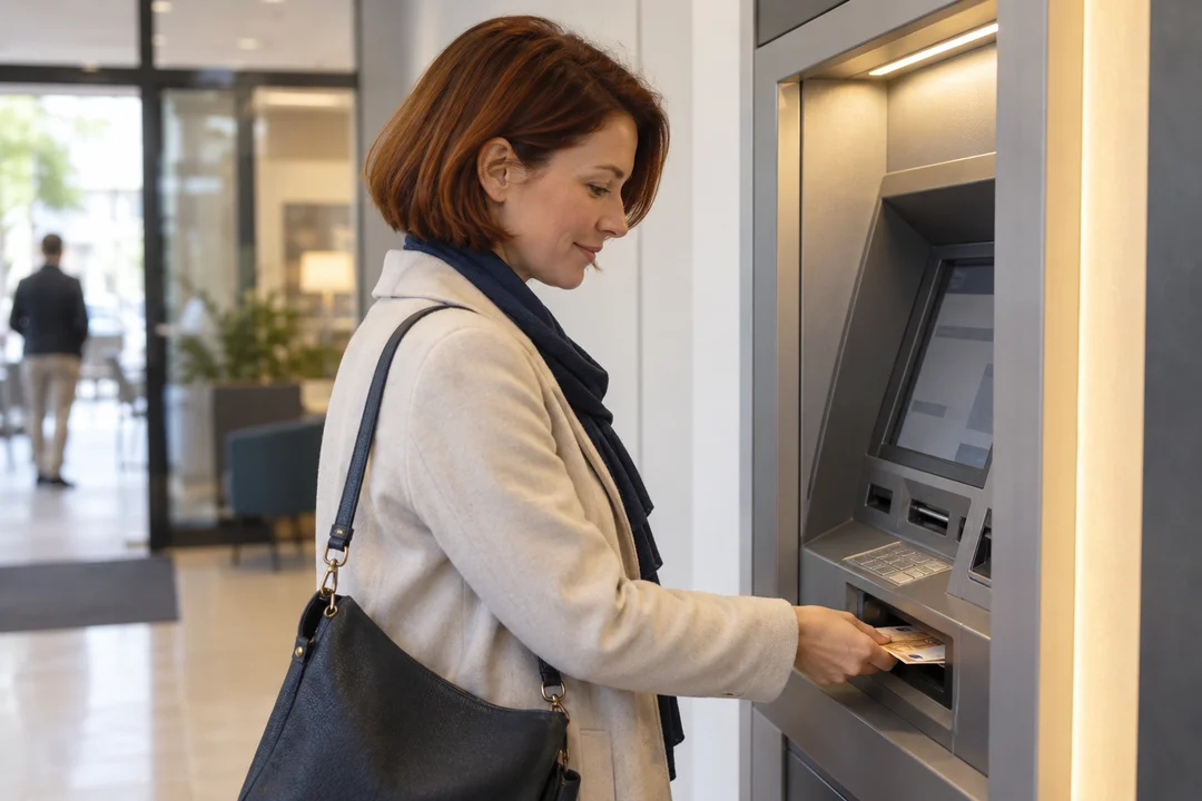 Frau hebt Bargeld an einem Geldautomaten ab, KI-generiertes Symbolbild